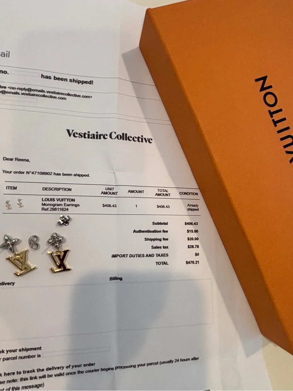 Louis Vuitton Gold LV Drop Earrings with Silver Backs